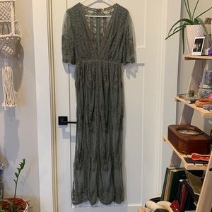 Sage Green Lace Plunge Neckline Maxi Dress